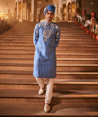 Blue silk embroidered kurta set 3