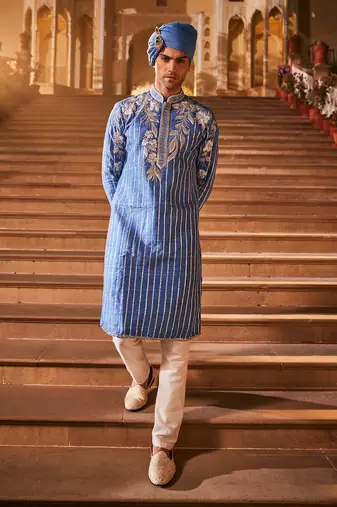 Blue silk embroidered kurta set