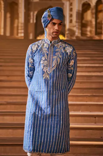 Blue silk embroidered kurta set