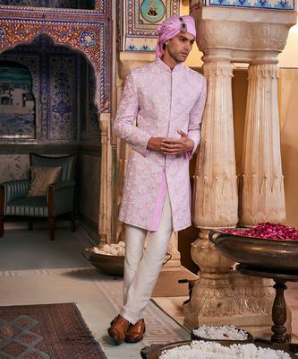 Lilac silk embroidered sherwani set 1