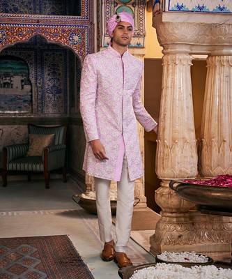 Lilac silk embroidered sherwani set 2