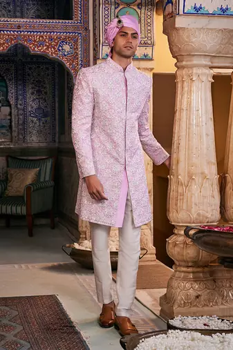 Lilac silk embroidered sherwani set