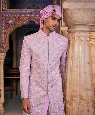 Lilac silk embroidered sherwani set 3