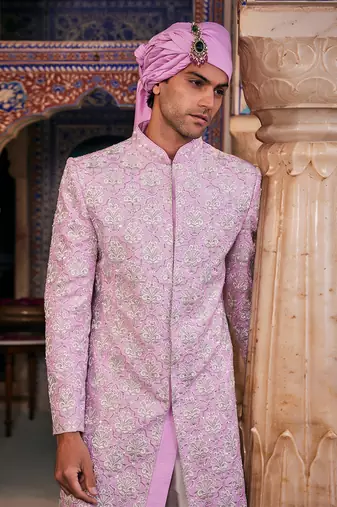 Lilac silk embroidered sherwani set