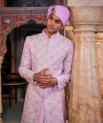 Lilac silk embroidered sherwani set 4