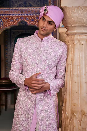 Lilac silk embroidered sherwani set