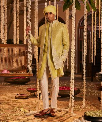 Green silk embroidered resham sherwani jacket set 1