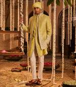 Green silk embroidered resham sherwani jacket set