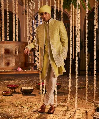 Green silk embroidered resham sherwani jacket set 2