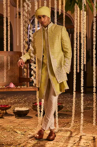 Green silk embroidered resham sherwani jacket set