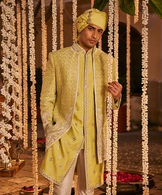 Green silk embroidered resham sherwani jacket set 3