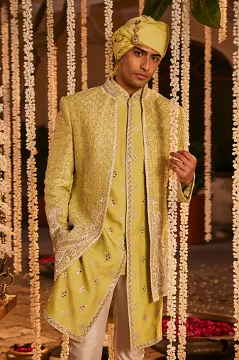 Green silk embroidered resham sherwani jacket set