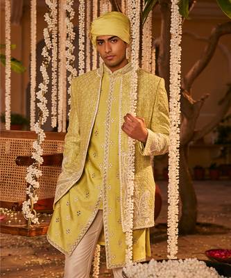 Green silk embroidered resham sherwani jacket set 4