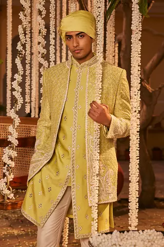 Green silk embroidered resham sherwani jacket set