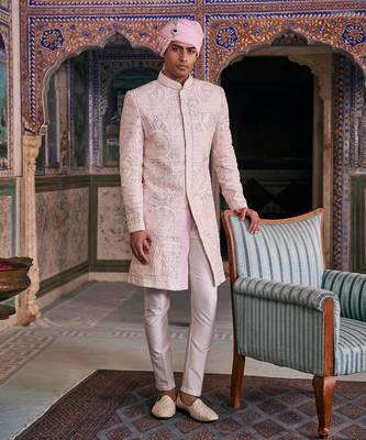 Pink silk embroidered sherwani set 1