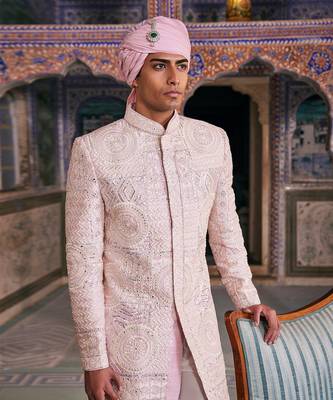 Pink silk embroidered sherwani set 2