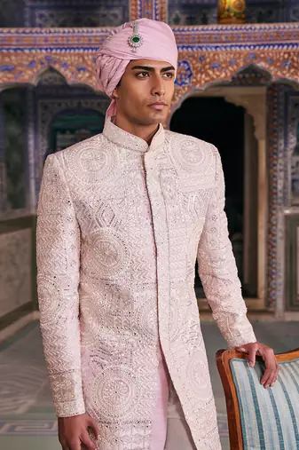 Pink silk embroidered sherwani set