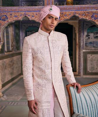Pink silk embroidered sherwani set 3