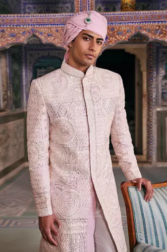 Pink silk embroidered sherwani set