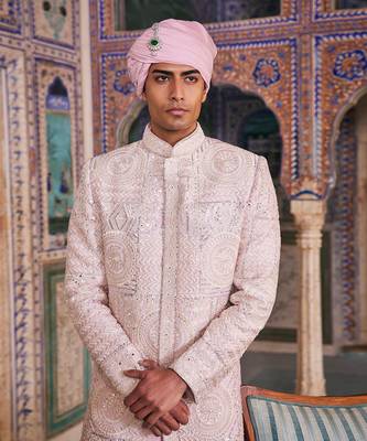 Pink silk embroidered sherwani set 4