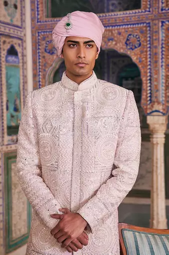 Pink silk embroidered sherwani set