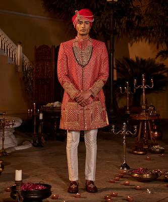 Red silk embroidered sherwani set 1
