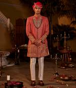 Red silk embroidered sherwani set