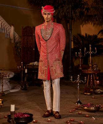 Red silk embroidered sherwani set 2