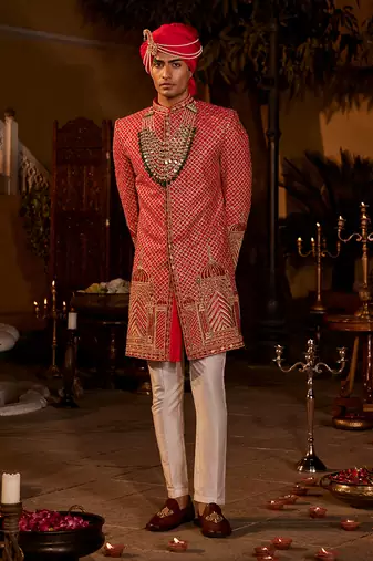 Red silk embroidered sherwani set