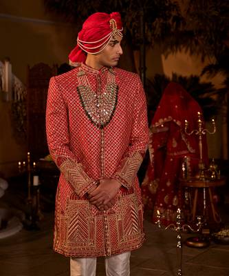 Red silk embroidered sherwani set 4