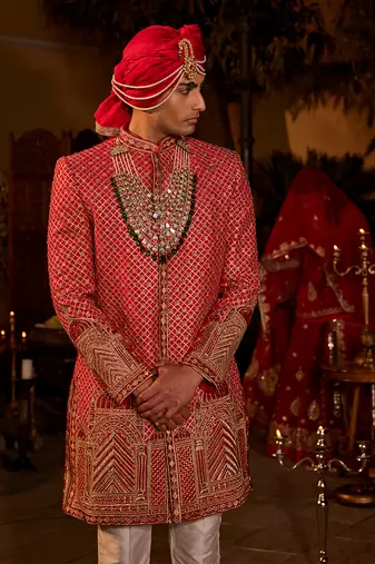 Red silk embroidered sherwani set