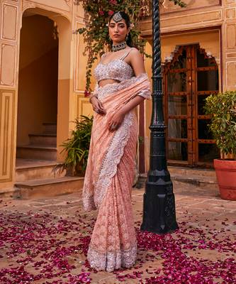 Peach  embroidered saree 2