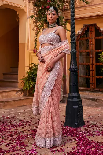 Peach  embroidered saree
