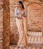 Beige  net embroidered saree