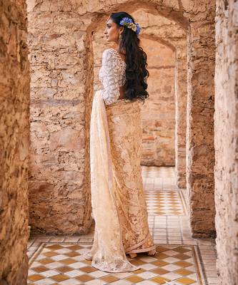 Beige  net embroidered saree 5
