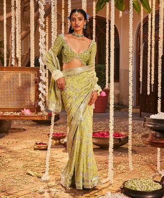 Green crepe embroidered saree 1