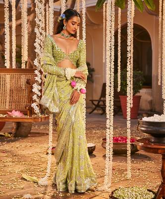 Green crepe embroidered saree 2