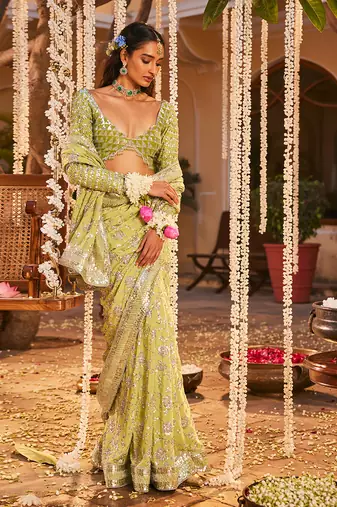 Green crepe embroidered saree