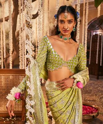 Green crepe embroidered saree 3