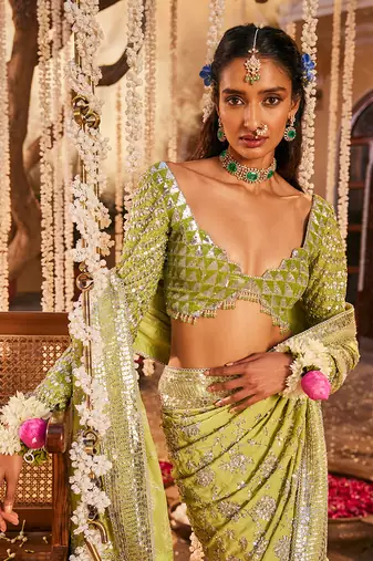 Green crepe embroidered saree
