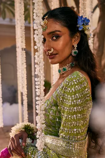 Green crepe embroidered saree