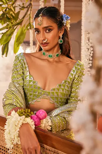 Green crepe embroidered saree