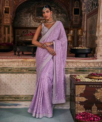 Purple crepe embroidered saree 2