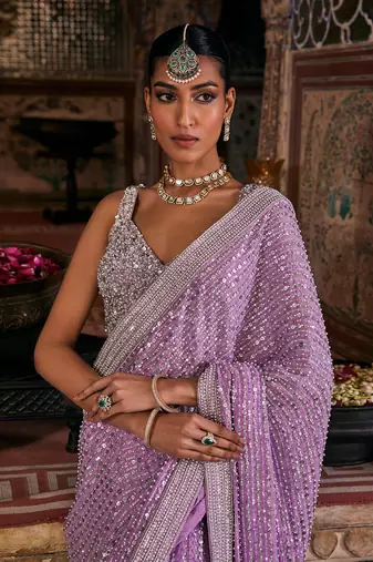 Purple crepe embroidered saree
