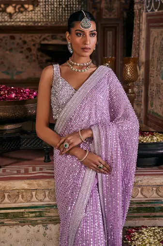 Purple crepe embroidered saree