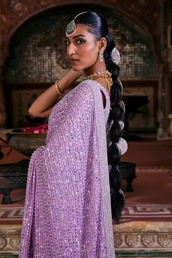 Purple crepe embroidered saree