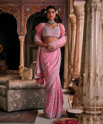 Pink  crepe embroidered saree 1