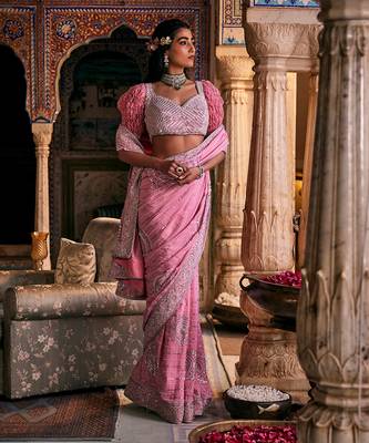 Pink  crepe embroidered saree 2
