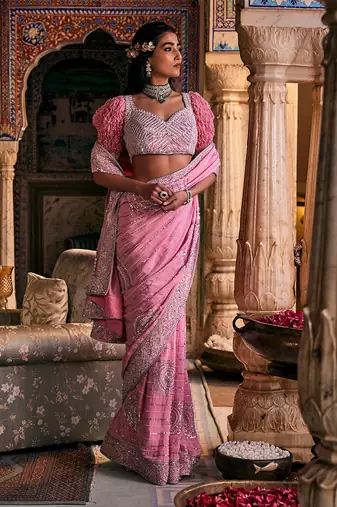 Pink  crepe embroidered saree