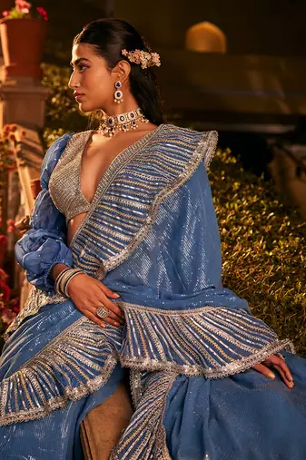Blue embroidered saree